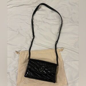 Authentic Tory Burch Kira Chevron Chain Wallet in Black - Pave Crystal T Logo